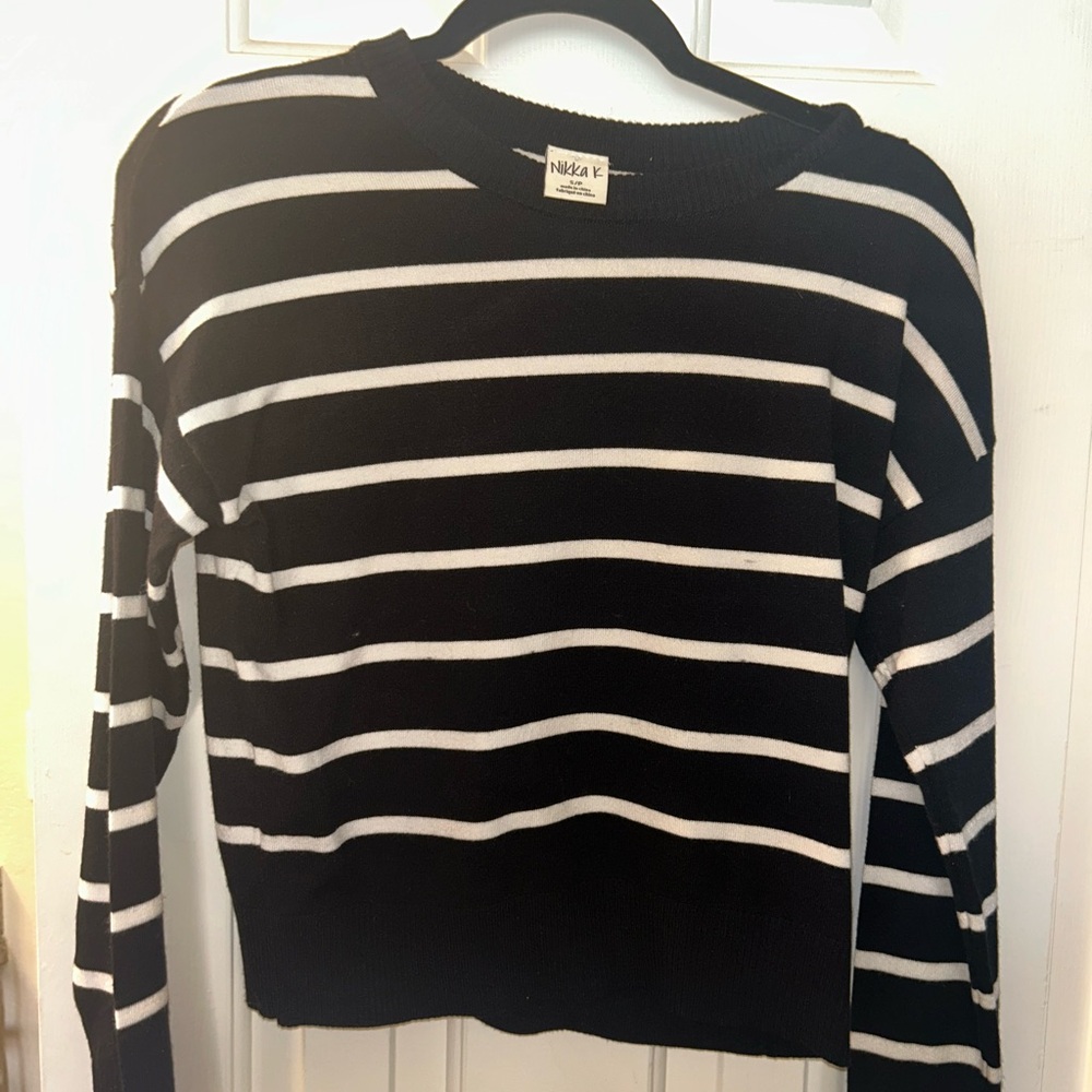 NIKA Black and White Striped Crew Neck Sweater